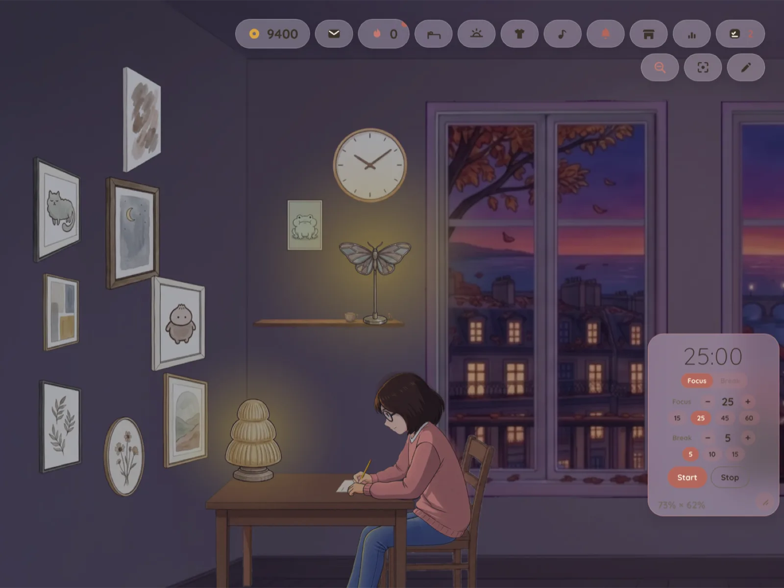 A scene from Mofi Study: a girl working at her desk in a warmly lit room at dusk, with a focus timer beside her.